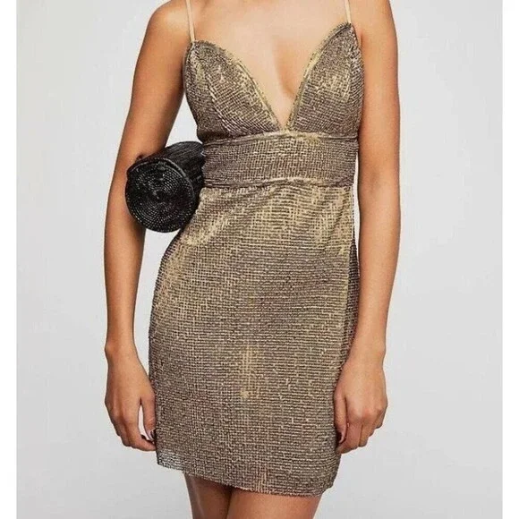NEW FREE PEOPLE X SAYLOR Sz X-Small FRANKIE SEQUIN MESH MINI SLIP DRESS Gold - Picture 5 of 13